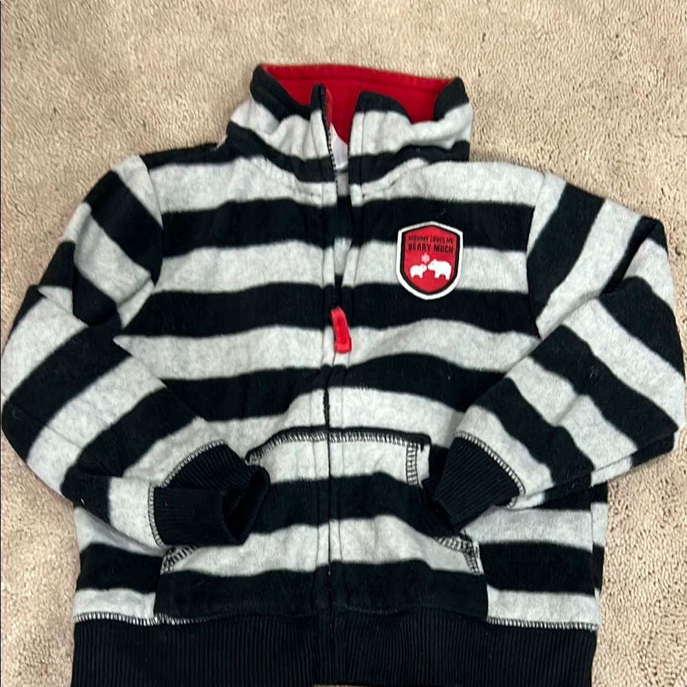 Black and Gray Fleece Hoodie with Stripes and Hood